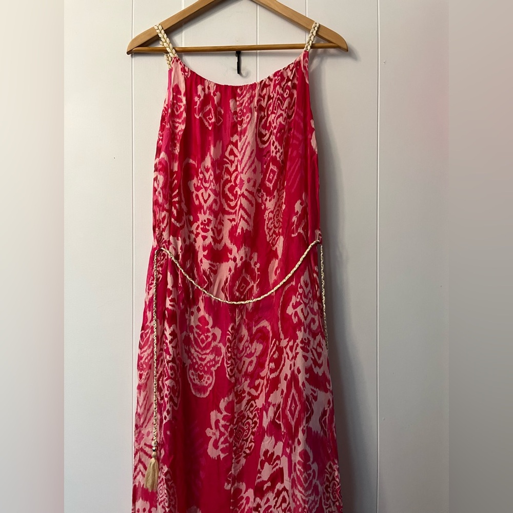 NWT Rosemarine Silk Blend Flowy Maxi Dress Belt Pink Patterned Italy Fuchsia new - Picture 6 of 12